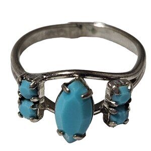 Vintage Elegant Boho Turquoise Blue Stones Ring Silver Tone Jewelry Adjustable